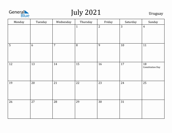July 2021 Calendar Uruguay