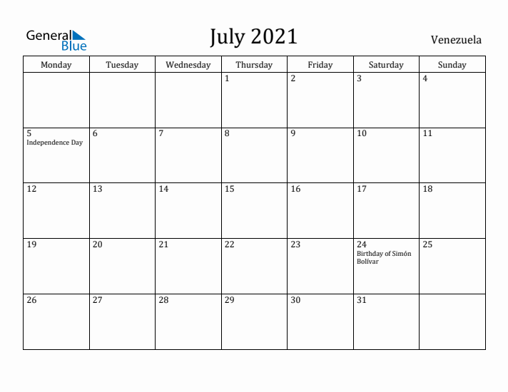 July 2021 Calendar Venezuela