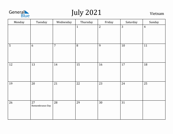 July 2021 Calendar Vietnam