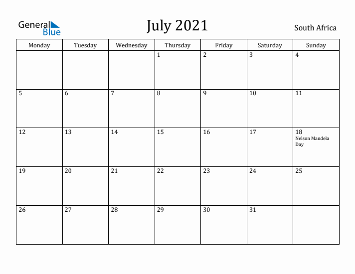 July 2021 Calendar South Africa