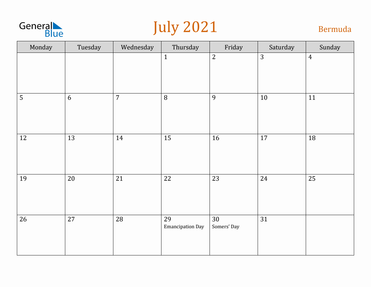 Free July 2021 Bermuda Calendar