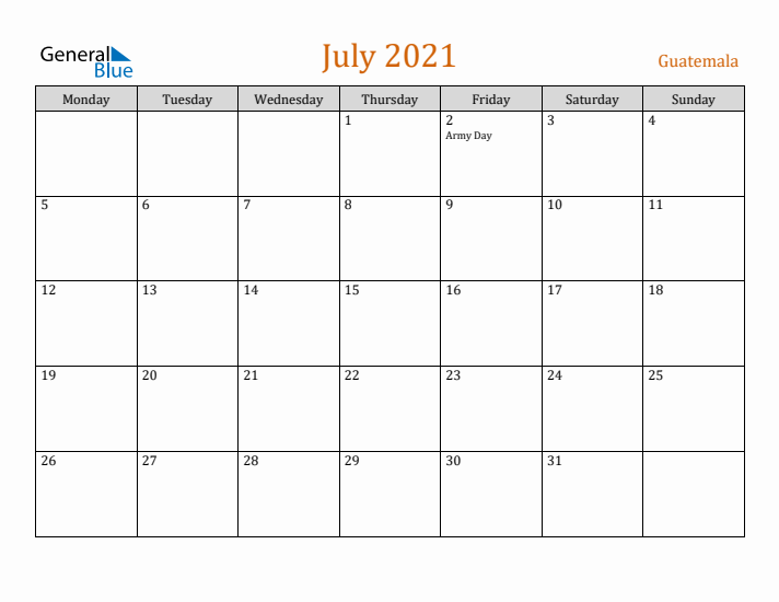 July 2021 Holiday Calendar with Monday Start