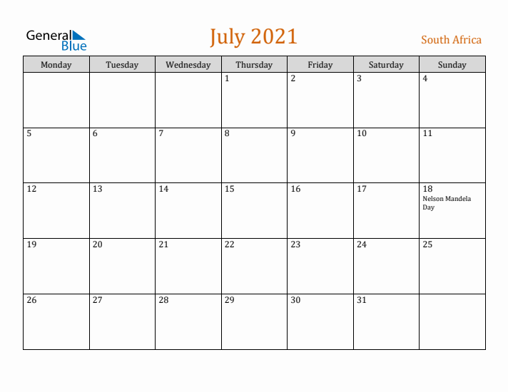 July 2021 Holiday Calendar with Monday Start