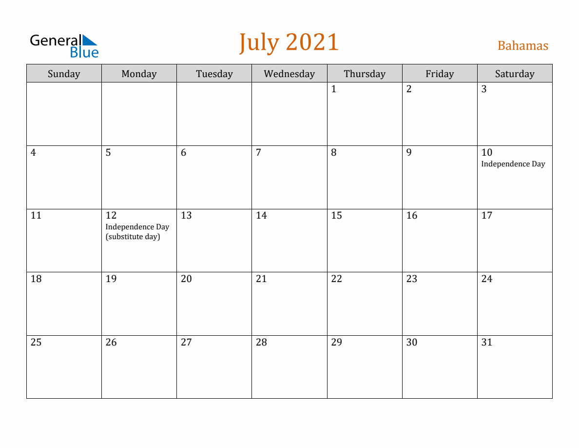 Free July 2021 Bahamas Calendar