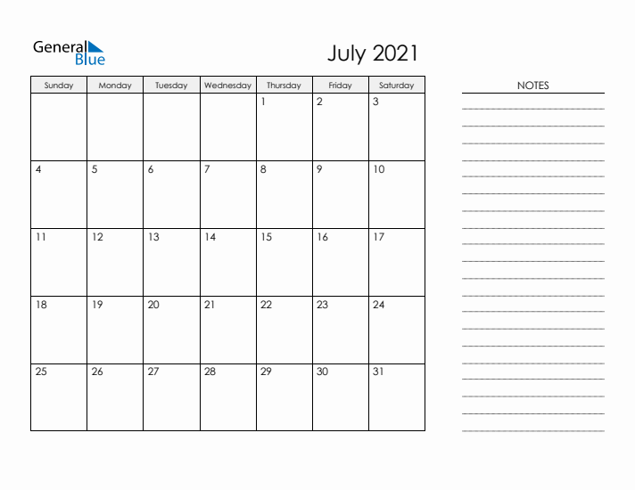 Printable Monthly Calendar with Notes - July 2021