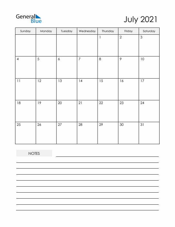 Printable Calendar with Notes - July 2021 