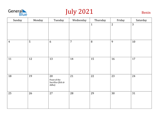 Benin July 2021 Calendar