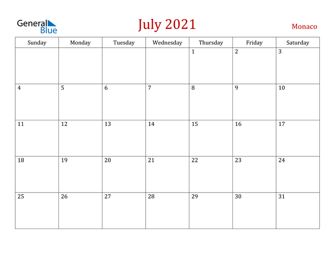Monaco July 2021 Calendar