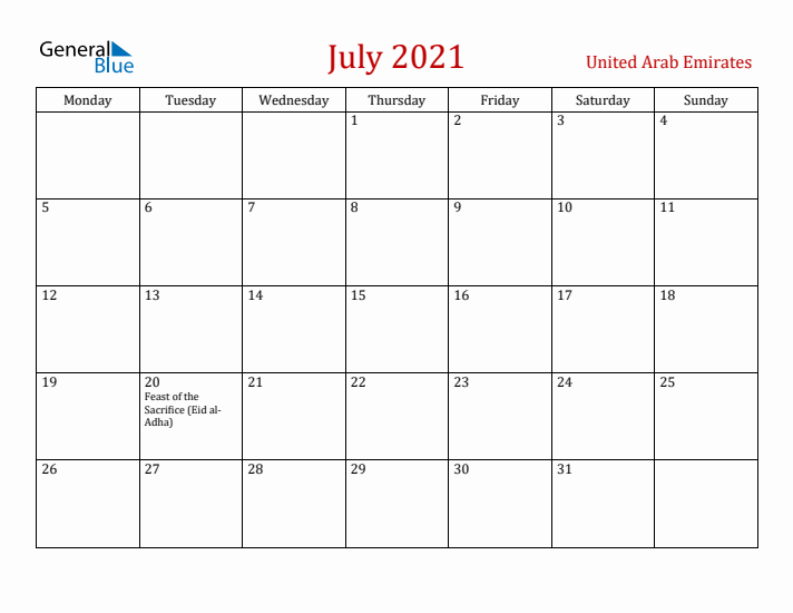 United Arab Emirates July 2021 Calendar - Monday Start
