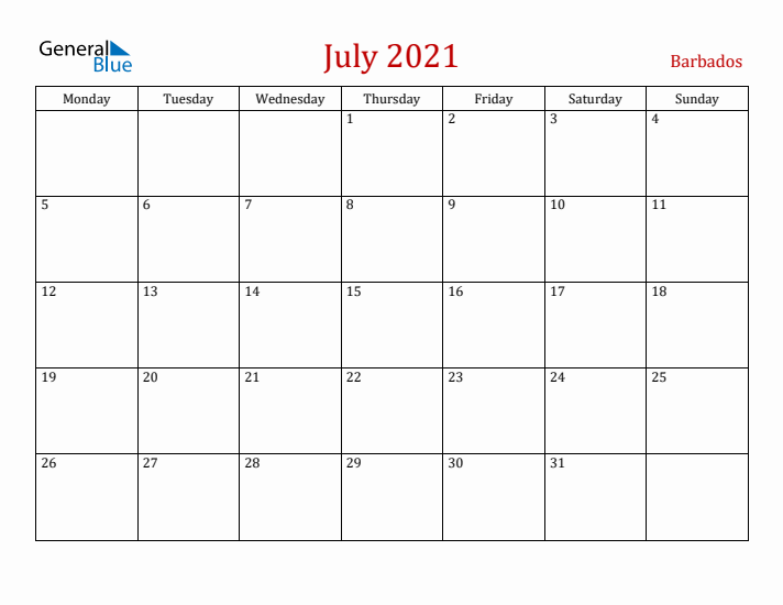 Barbados July 2021 Calendar - Monday Start