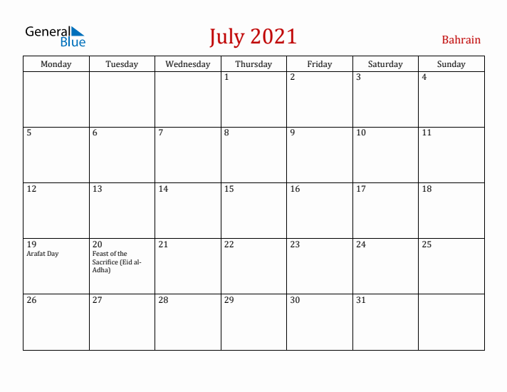 Bahrain July 2021 Calendar - Monday Start