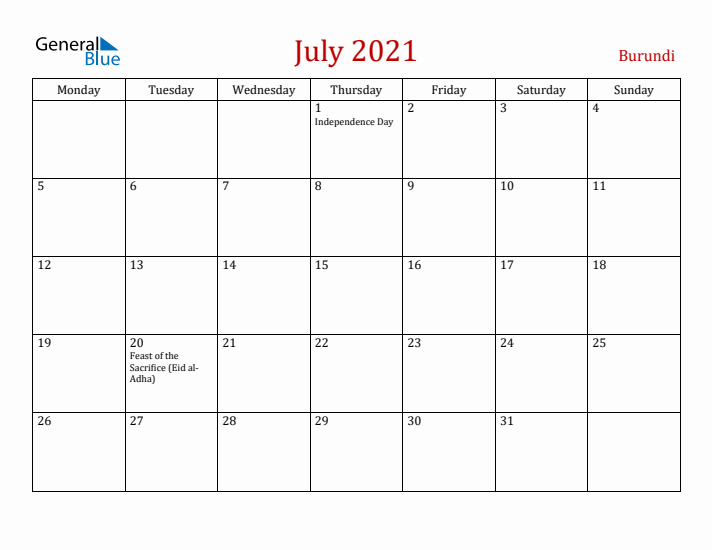 Burundi July 2021 Calendar - Monday Start