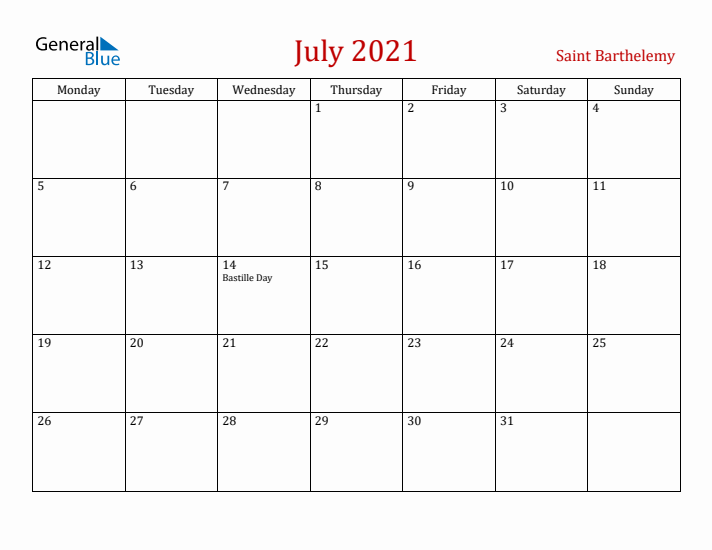 Saint Barthelemy July 2021 Calendar - Monday Start