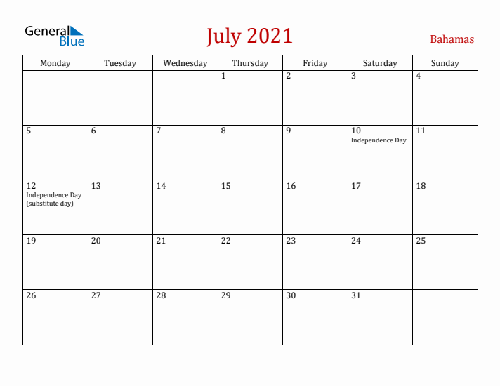 Bahamas July 2021 Calendar - Monday Start