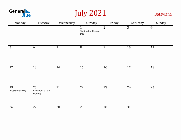 Botswana July 2021 Calendar - Monday Start