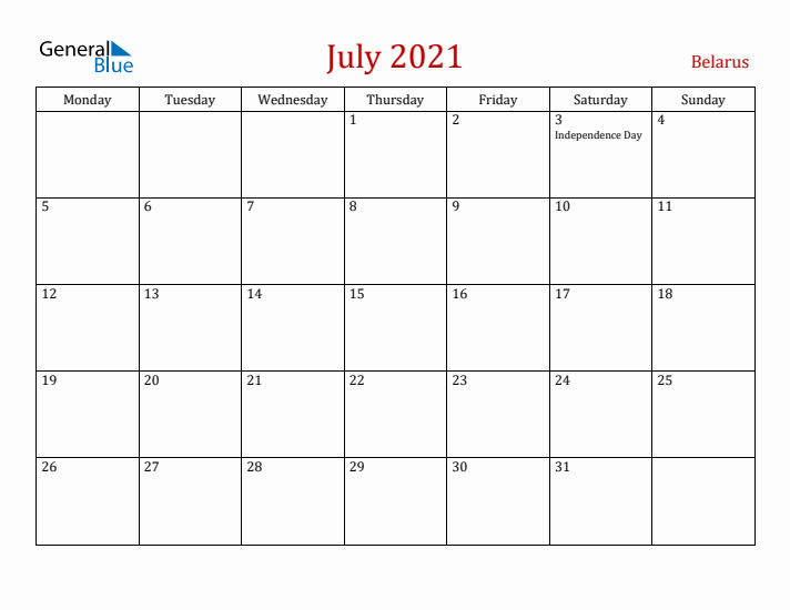Belarus July 2021 Calendar - Monday Start