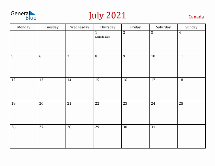 Canada July 2021 Calendar - Monday Start