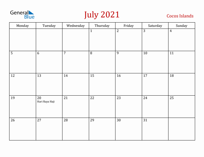 Cocos Islands July 2021 Calendar - Monday Start