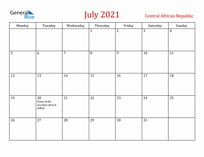 Central African Republic July 2021 Calendar - Monday Start