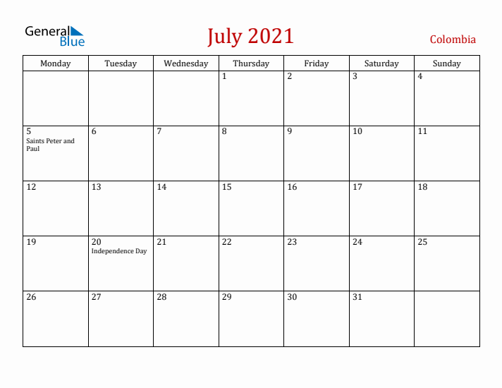 Colombia July 2021 Calendar - Monday Start