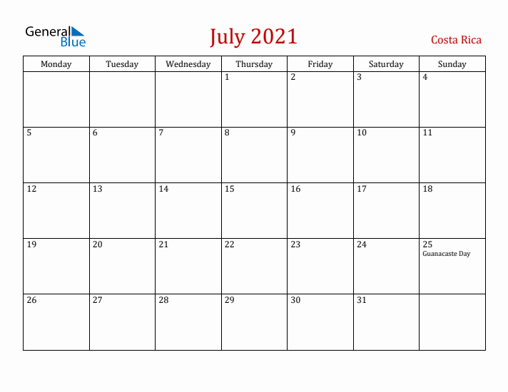 Costa Rica July 2021 Calendar - Monday Start
