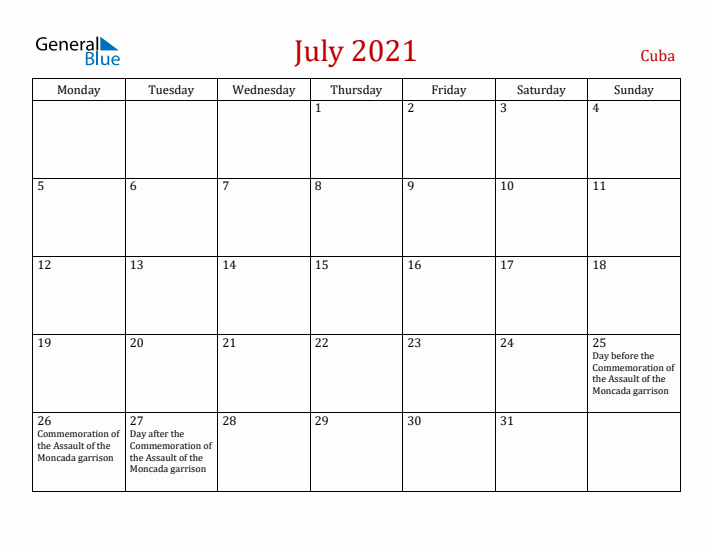 Cuba July 2021 Calendar - Monday Start