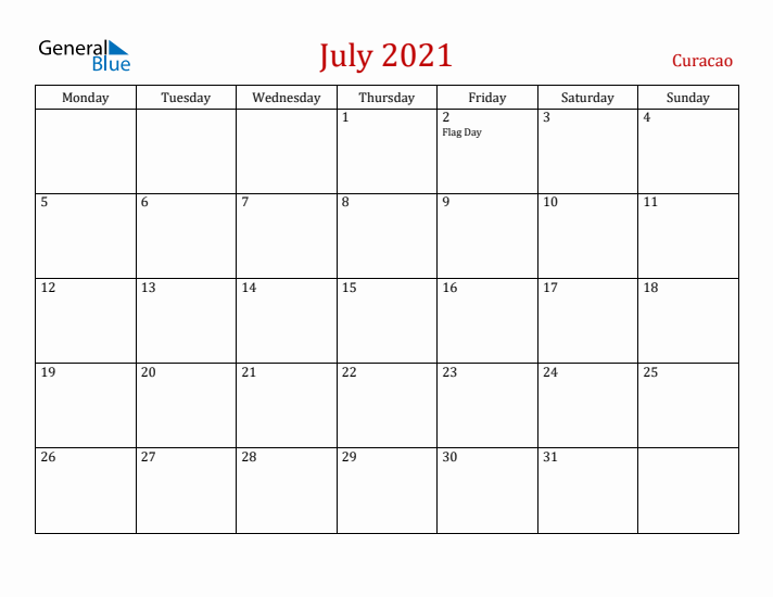 Curacao July 2021 Calendar - Monday Start