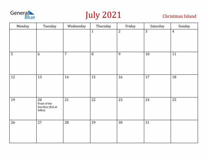 Christmas Island July 2021 Calendar - Monday Start
