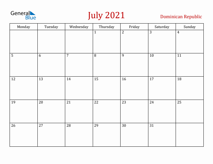 Dominican Republic July 2021 Calendar - Monday Start