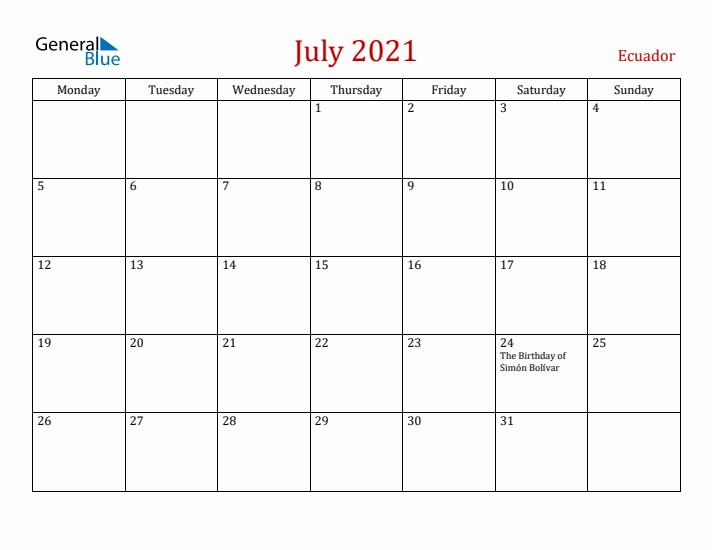 Ecuador July 2021 Calendar - Monday Start