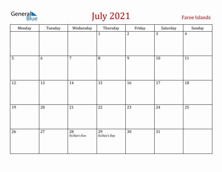 Faroe Islands July 2021 Calendar - Monday Start