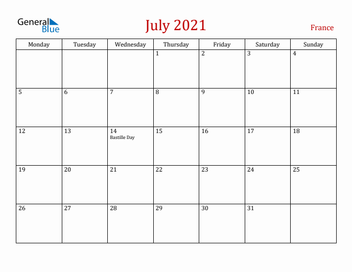 France July 2021 Calendar - Monday Start