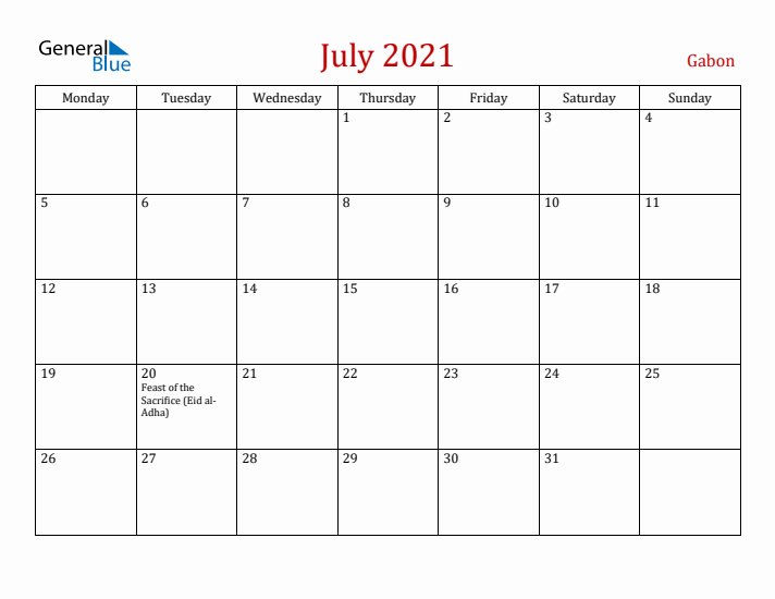 Gabon July 2021 Calendar - Monday Start