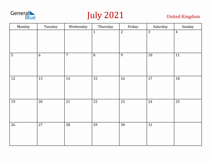United Kingdom July 2021 Calendar - Monday Start