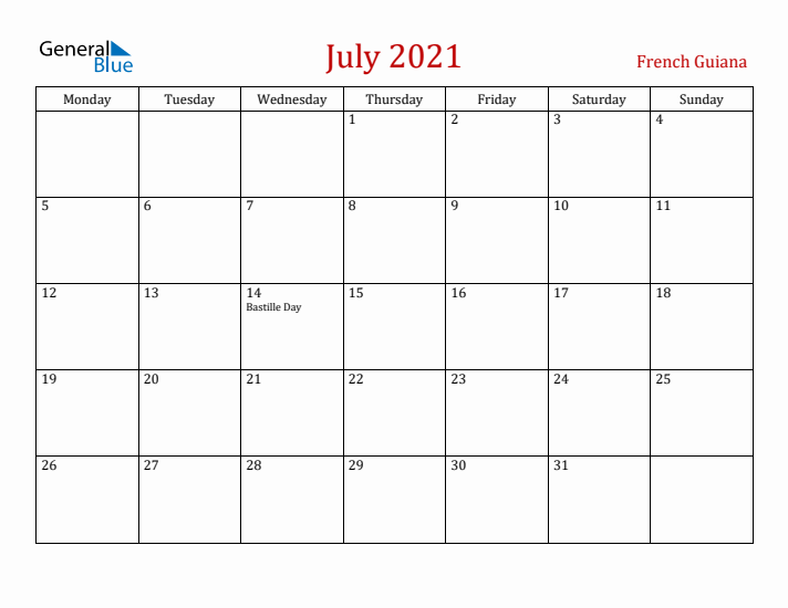 French Guiana July 2021 Calendar - Monday Start