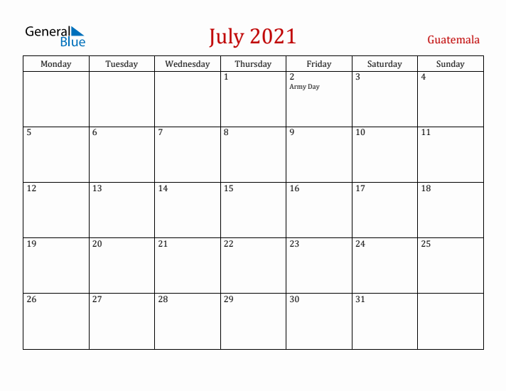 Guatemala July 2021 Calendar - Monday Start