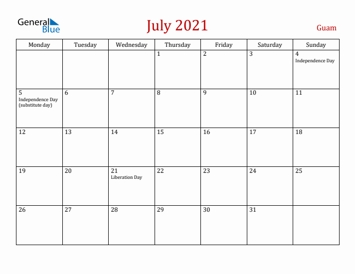 Guam July 2021 Calendar - Monday Start