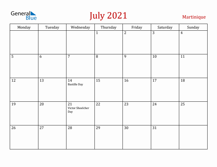 Martinique July 2021 Calendar - Monday Start