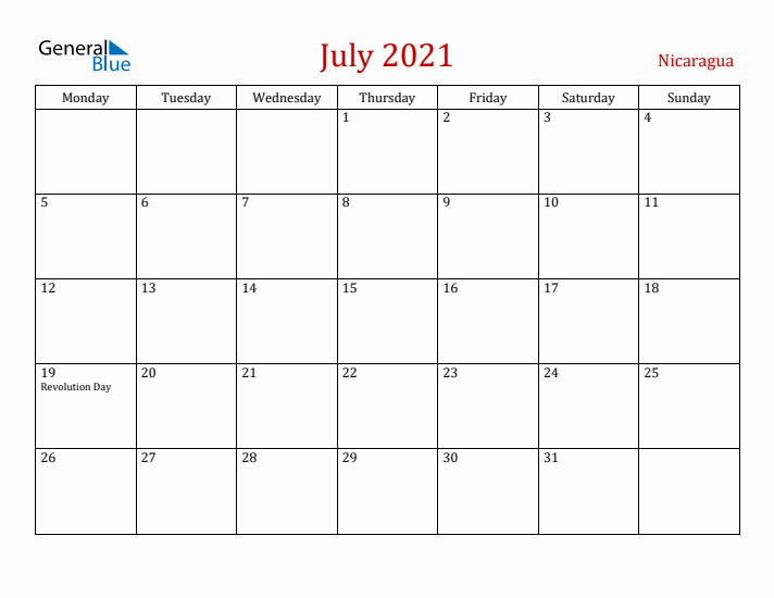 Nicaragua July 2021 Calendar - Monday Start