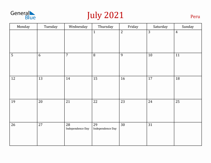 Peru July 2021 Calendar - Monday Start