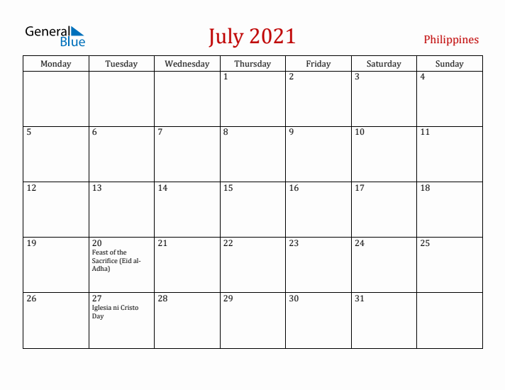 Philippines July 2021 Calendar - Monday Start