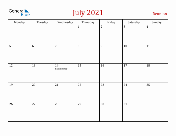Reunion July 2021 Calendar - Monday Start