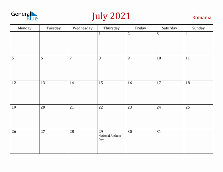 Romania July 2021 Calendar - Monday Start