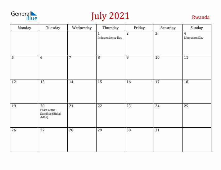 Rwanda July 2021 Calendar - Monday Start