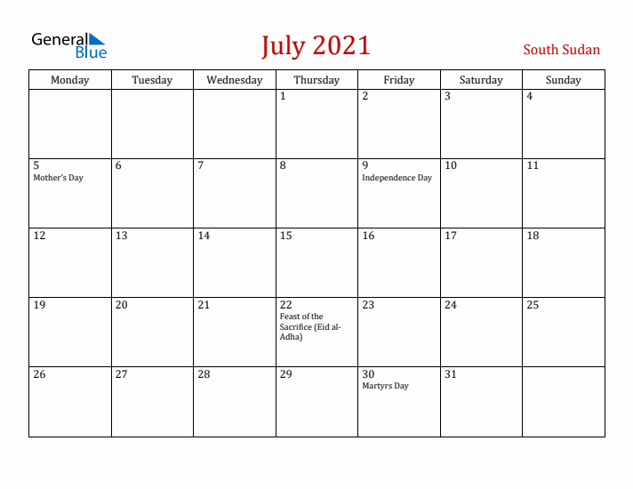 South Sudan July 2021 Calendar - Monday Start