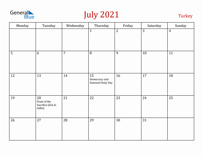Turkey July 2021 Calendar - Monday Start