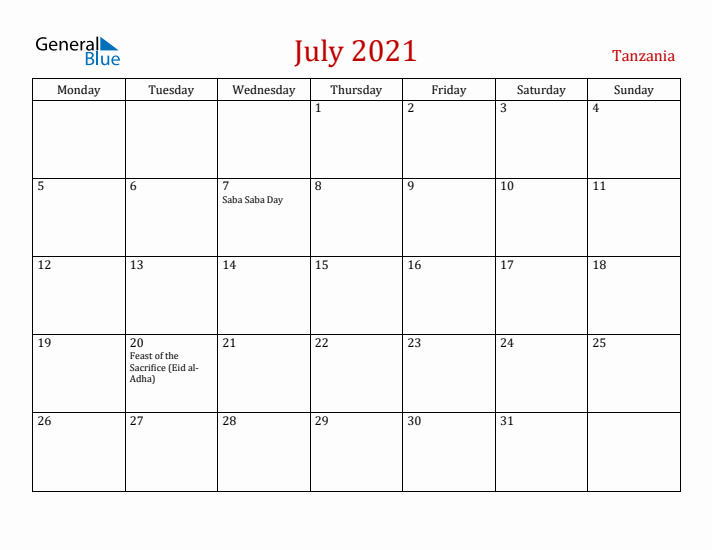 Tanzania July 2021 Calendar - Monday Start