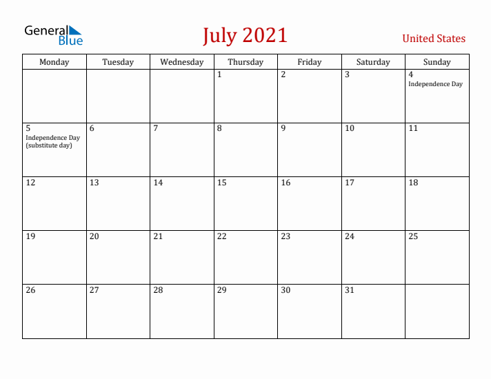 United States July 2021 Calendar - Monday Start