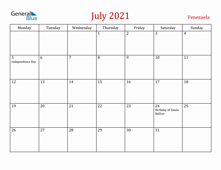 Venezuela July 2021 Calendar - Monday Start
