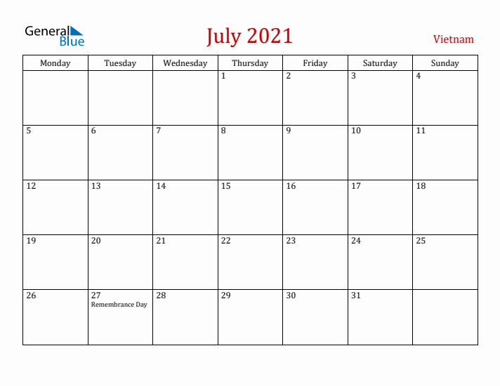 Vietnam July 2021 Calendar - Monday Start